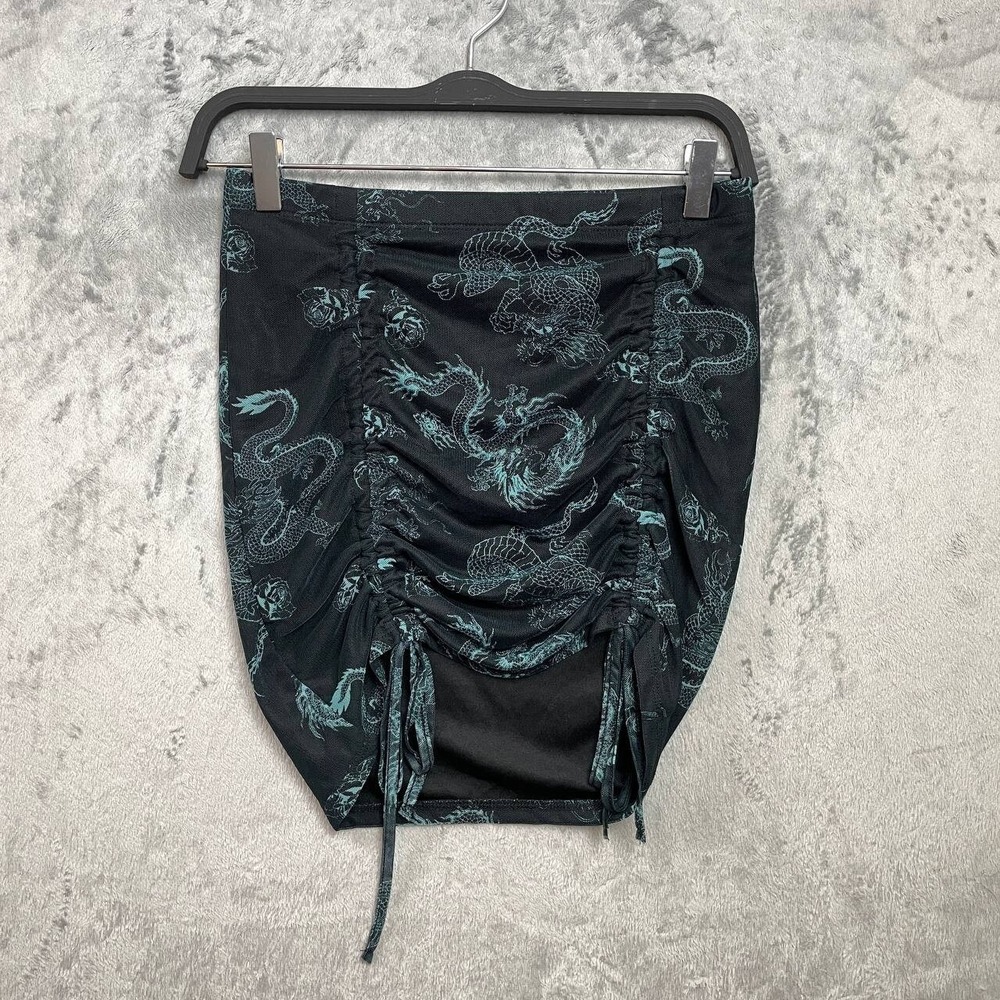 Y2K Black Dragon Print Mesh Ruched Mini Skirt Adjustable Drawstring Medium Party